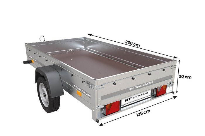 Remorque voiture simple essieu Unitrailer Garden Trailer 230 x 125 cm avec timon fixe 500/750 kg